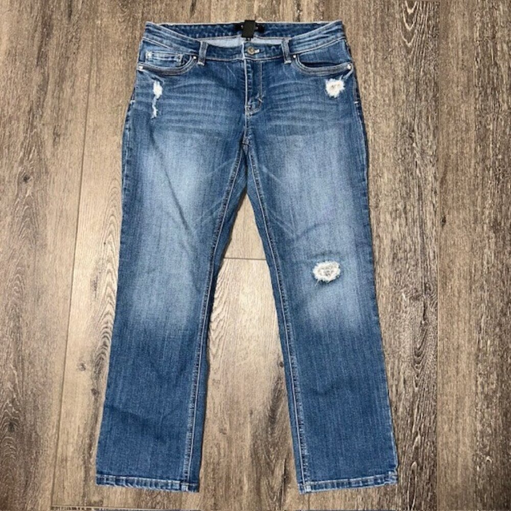White House Black Market Jeans Woman’s 6 CROP Blue Distressed w/Sequins